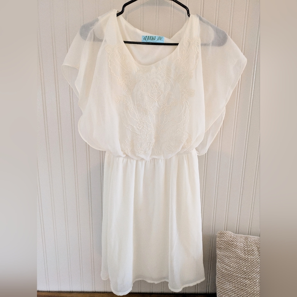 Modcloth Embroidered Ivory Knee Length Dress